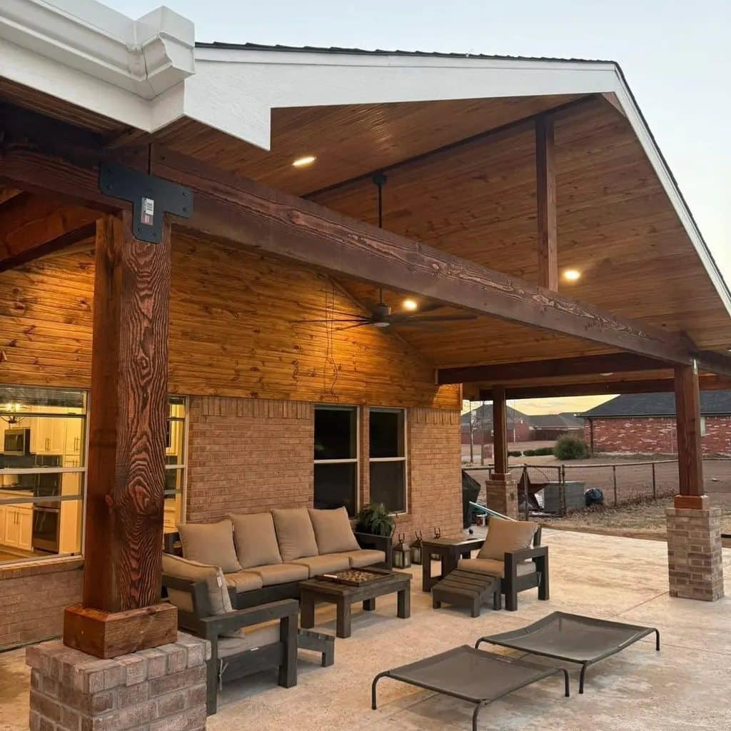 cedar patio cover vaulted ceiling at dusk